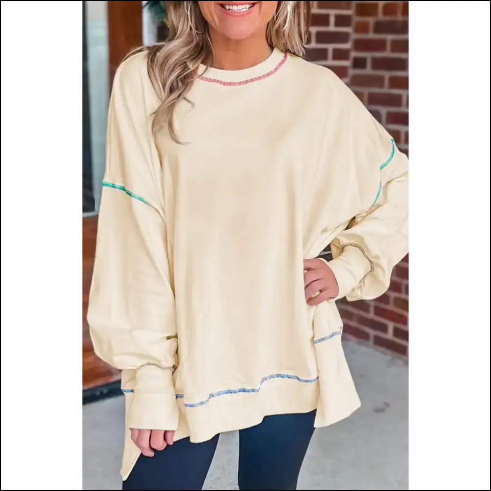 Chic White Contrast Stitch Oversized Sweatshirt: Cozy! 💀 - s - Sweatshirts & Hoodies on Sale Worldwide Shipping