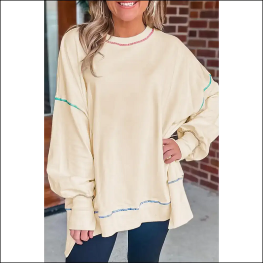 Chic White Contrast Stitch Oversized Sweatshirt: Cozy! 💀 - s - Sweatshirts & Hoodies on Sale Worldwide Shipping