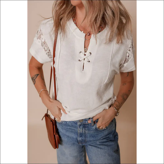 Chic White Ribbed Lace Top with Knot Detail - s - t Shirts on Sale Worldwide Shipping