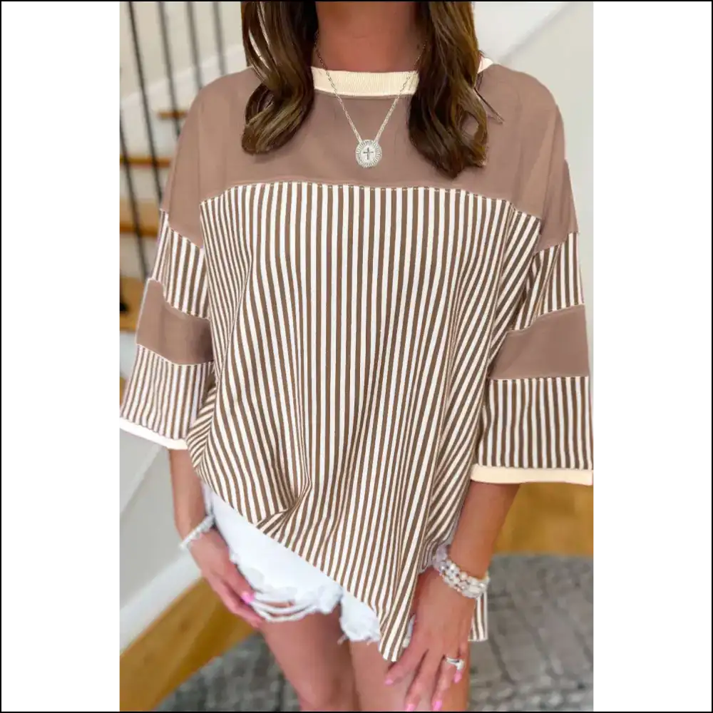Chic White Stripe Savior: Patchwork Perfection! 🤪 - Khaki / 1x - Plus Size Tops on Sale Worldwide Shipping
