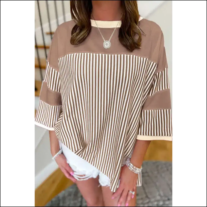 Chic White Stripe Savior: Patchwork Perfection! 🤪 - Khaki / 1x - Plus Size Tops on Sale Worldwide Shipping
