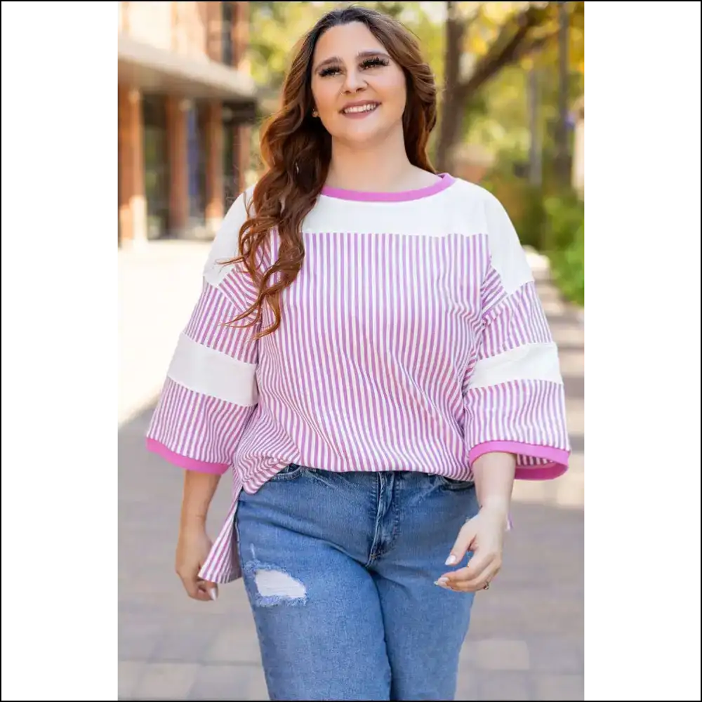 Chic White Stripe Savior: Patchwork Perfection! 🤪 - Plus Size Tops on Sale Worldwide Shipping
