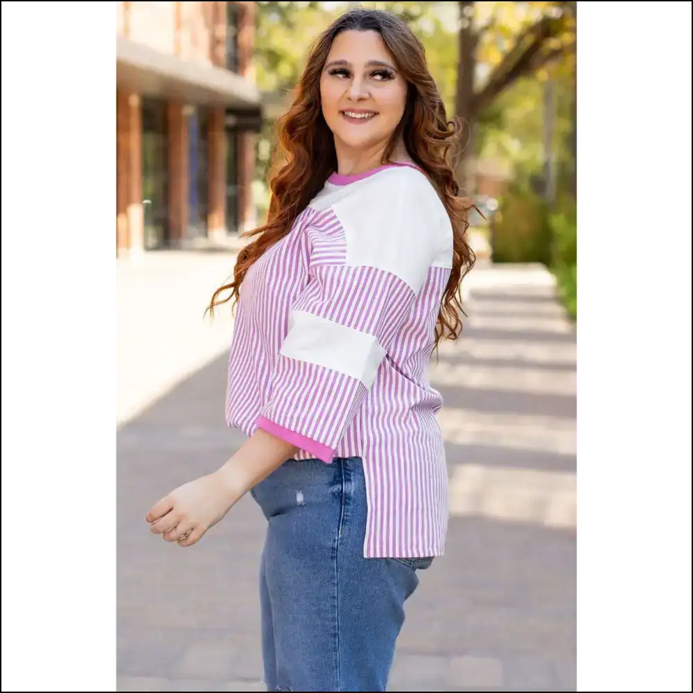 Chic White Stripe Savior: Patchwork Perfection! 🤪 - Plus Size Tops on Sale Worldwide Shipping