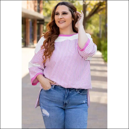 Chic White Stripe Savior: Patchwork Perfection! 🤪 - Plus Size Tops on Sale Worldwide Shipping