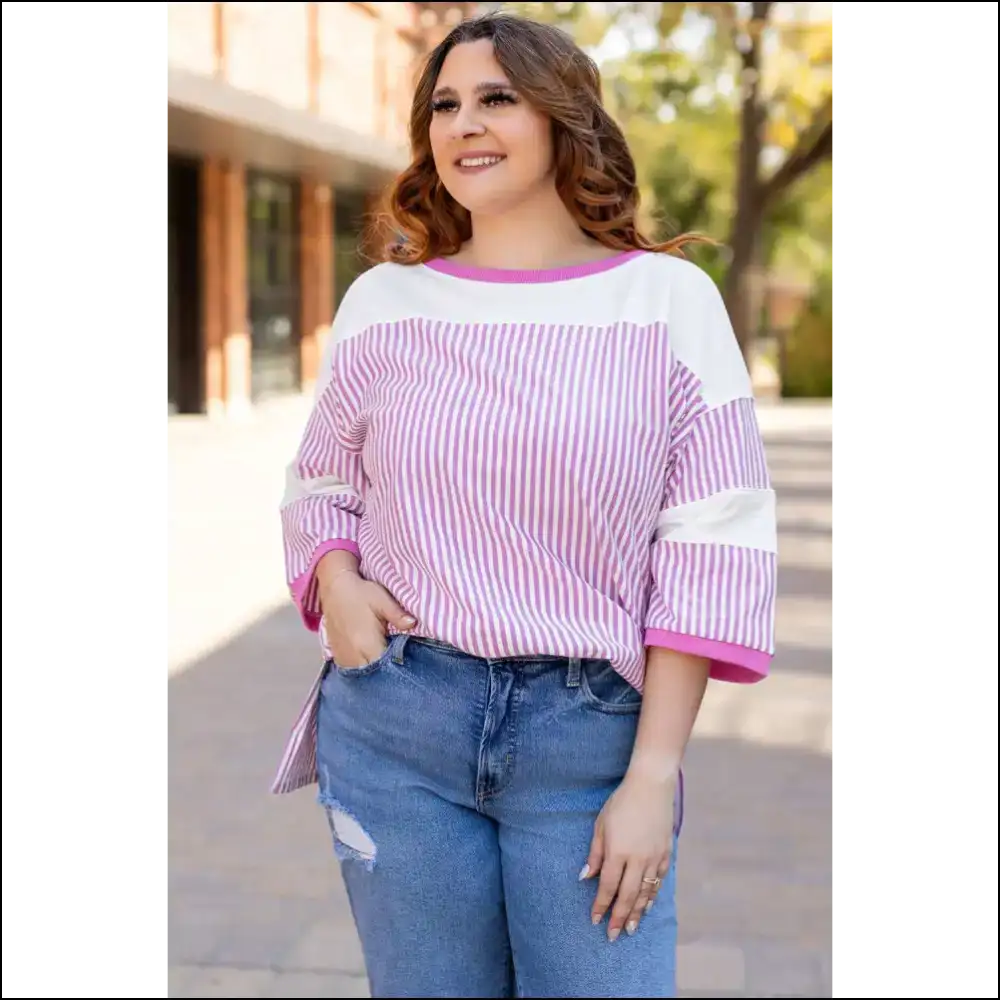 Chic White Stripe Savior: Patchwork Perfection! 🤪 - Plus Size Tops on Sale Worldwide Shipping