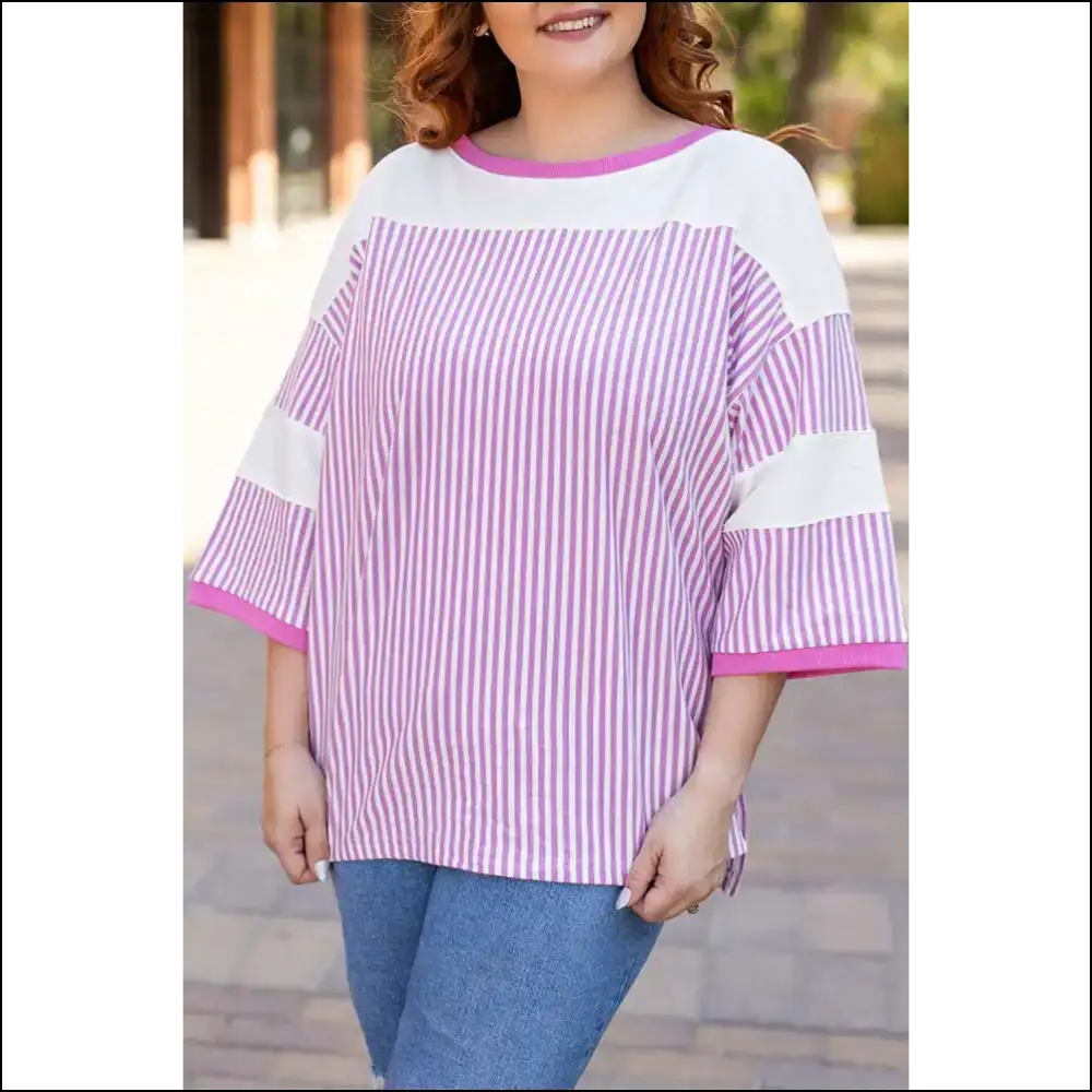 Chic White Stripe Savior: Patchwork Perfection! 🤪 - Pink / 1x - Plus Size Tops on Sale Worldwide Shipping
