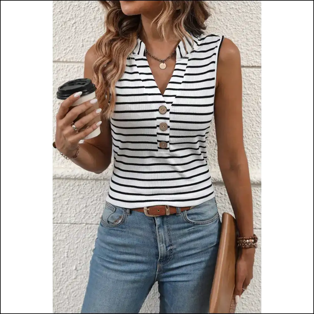 Chic White Striped Tank: Ribbed for your Pleasure (and Buttons!) 😈 - s - Tank Tops on Sale Worldwide Shipping