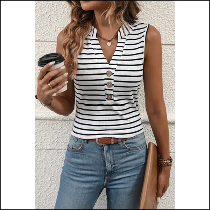 Chic White Striped Tank: Ribbed for your Pleasure (and Buttons!) 😈 - s - Tank Tops on Sale Worldwide Shipping
