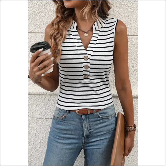 Chic White Striped Tank: Ribbed for your Pleasure (and Buttons!) 😈 - s - Tank Tops on Sale Worldwide Shipping