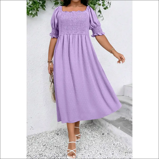 Chic White Swiss Dot Plus Size Dress with Smocked Frill Neck - Lavender / 1x - Dresses on Sale Worldwide Shipping