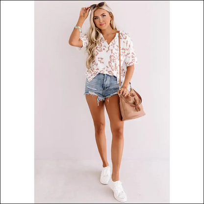 Chic White v Neck Leopard: Roar Look Fab! 🐆 Needful Things - Plus Size Tops on Sale Worldwide Shipping