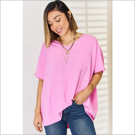Chic Zenana Textured Short Sleeve Blouse - Pink / s - Blouses on Sale Worldwide Shipping