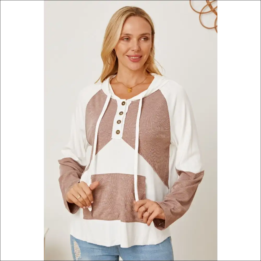 Color Block Drawstring Half Button Hoodie - Mocha / s - Hoodies Sweatshirts & on Sale Worldwide Shipping