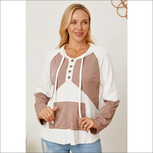 Color Block Drawstring Half Button Hoodie - Mocha / s - Hoodies Sweatshirts & on Sale Worldwide Shipping
