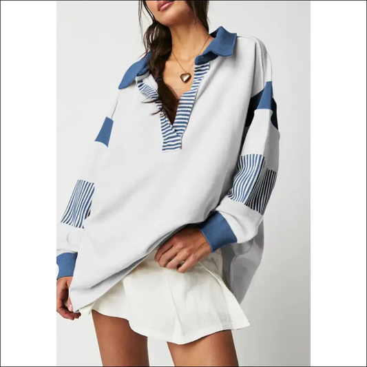 Color Block Johnny Collar Long Sleeve Sweatshirt - Peacock Blue / s - Sweatshirts & Hoodies on Sale Worldwide Shipping