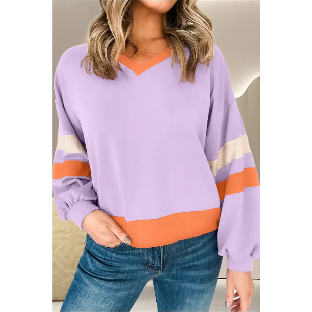 Chic Color Block Long Sleeve Sweatshirt - Lavender / Xl - Sweatshirts & Hoodies on Sale Worldwide Shipping