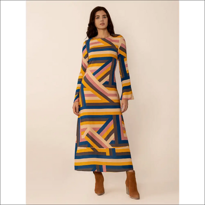 Chic Contrast Round Neck Flare Sleeve Midi Dress - Multicolor / Xl - Dresses on Sale Worldwide Shipping
