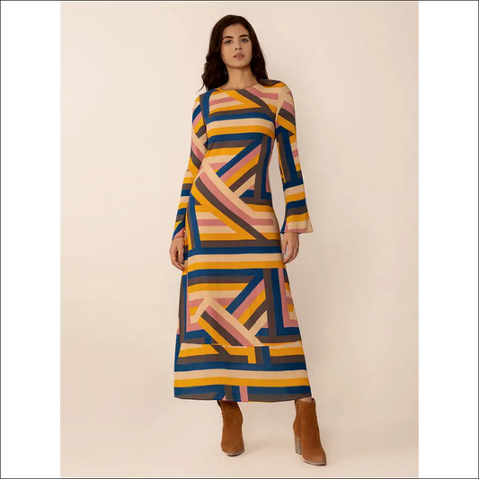 Chic Contrast Round Neck Flare Sleeve Midi Dress - Multicolor / Xl - Dresses on Sale Worldwide Shipping