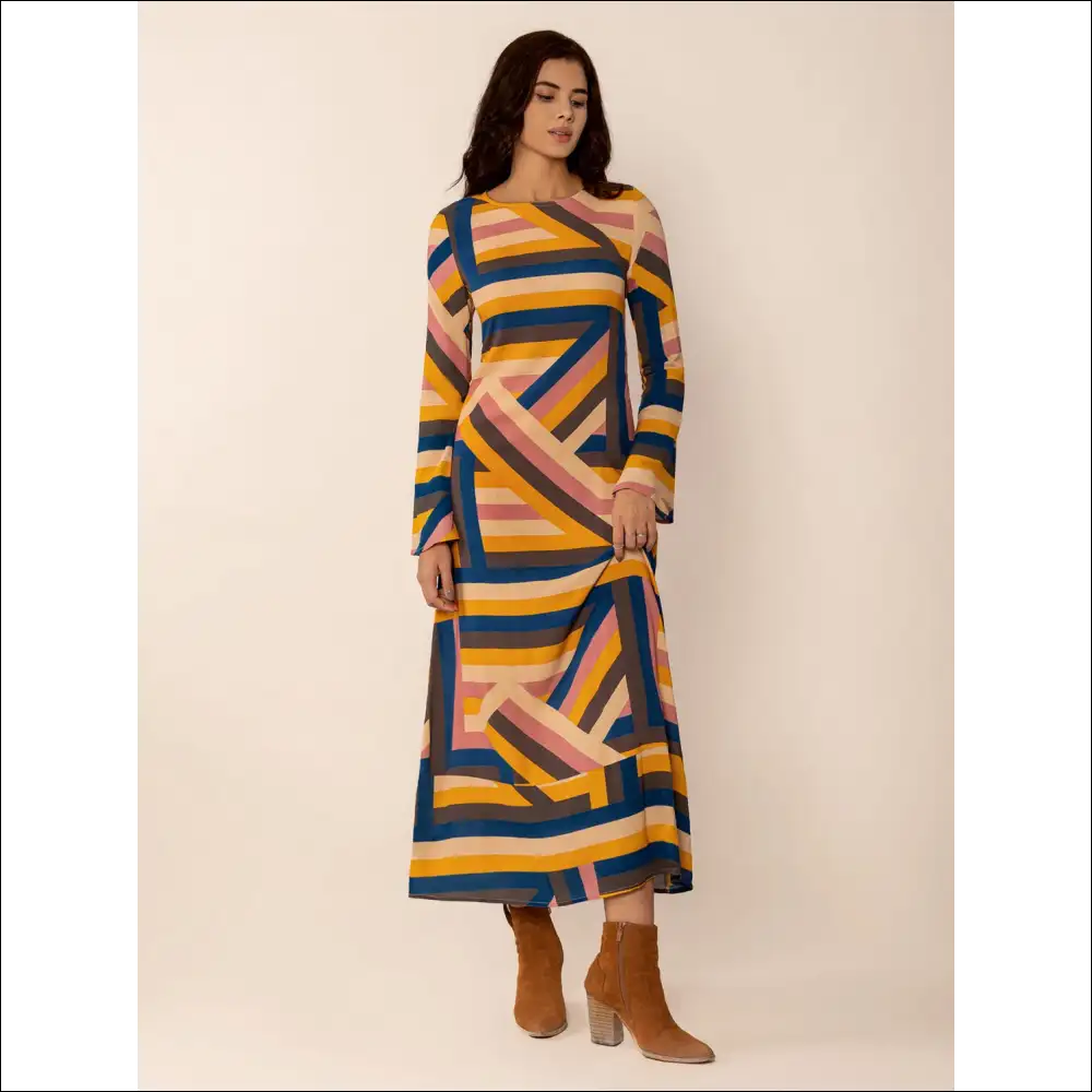 Chic Contrast Round Neck Flare Sleeve Midi Dress - Dresses on Sale Worldwide Shipping