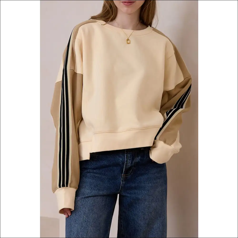 Chic Contrast Round Neck Long Sleeve Sweatshirt - Beige / (us 4-6)s - Sweatshirts & Hoodies on Sale Worldwide Shipping