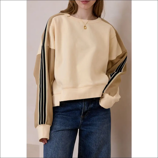 Chic Contrast Round Neck Long Sleeve Sweatshirt - Beige / (us 4-6)s - Sweatshirts & Hoodies on Sale Worldwide Shipping