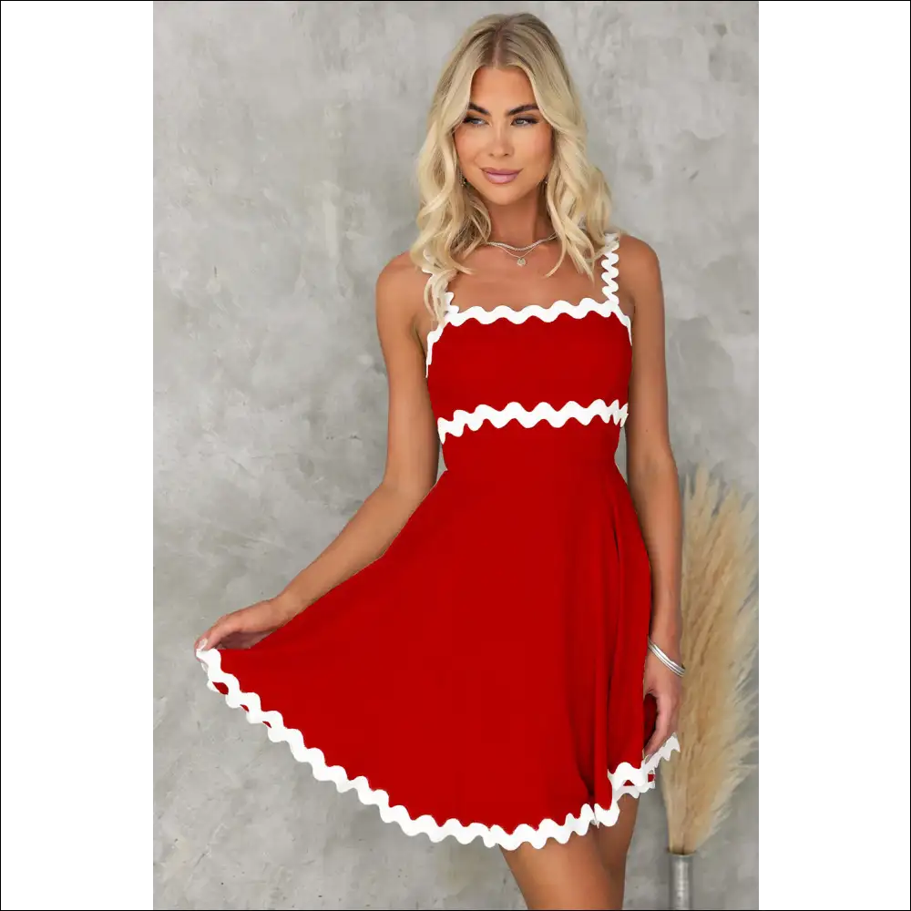 Chic Contrast Trim Square Neck Mini Dress - Red Dahlia / s - Dresses on Sale Worldwide Shipping