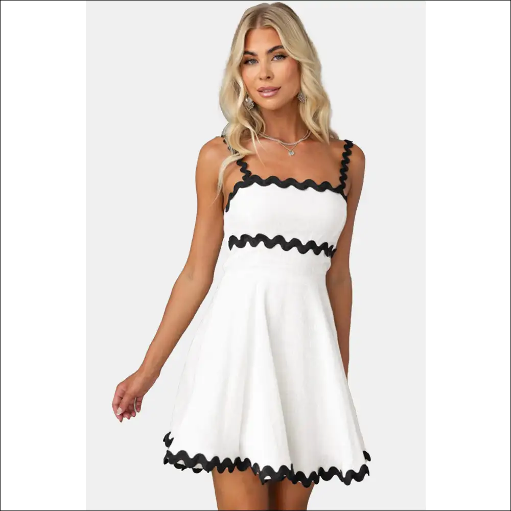 Chic Contrast Trim Square Neck Mini Dress - White / m - Dresses on Sale Worldwide Shipping