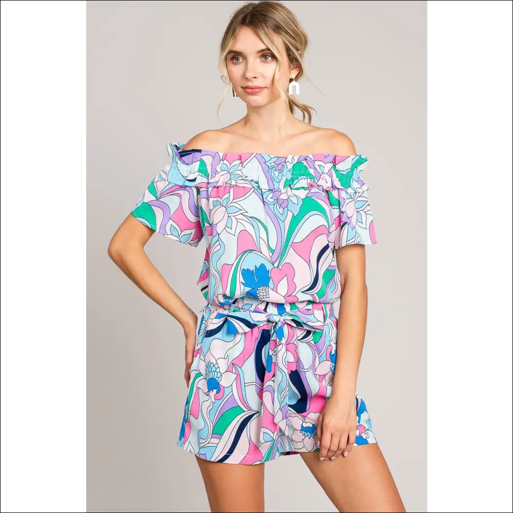 Cotton Bleu Tie Front Abstract Print Shorts - Blue / m - on Sale Worldwide Shipping