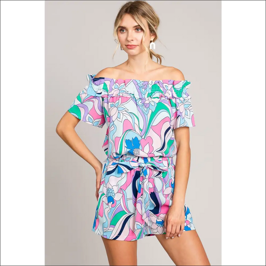 Cotton Bleu Tie Front Abstract Print Shorts - Blue / m - on Sale Worldwide Shipping