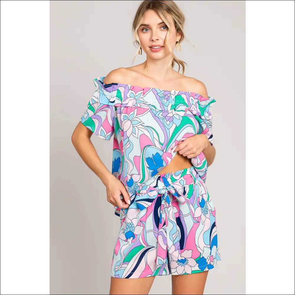 Cotton Bleu Tie Front Abstract Print Shorts - on Sale Worldwide Shipping