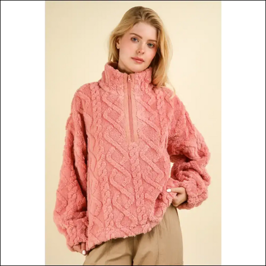 Cozy Chic Fuzzy Fleece Half Zip Sweatshirt - Blush Pink / s - Sweatshirts & Hoodies on Sale Worldwide Shipping