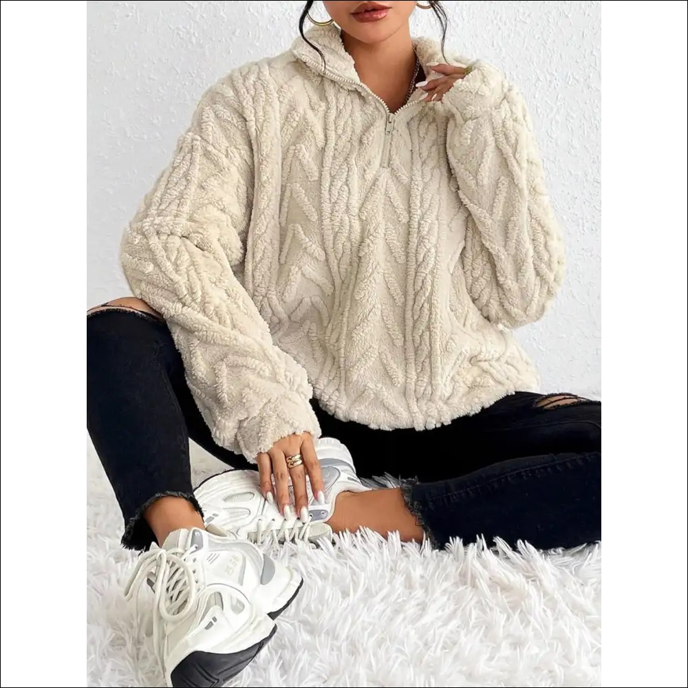 Cozy Chic Fuzzy Quarter Zip Long Sleeve Sweatshirt - Sweatshirts & Hoodies on Sale Worldwide Shipping