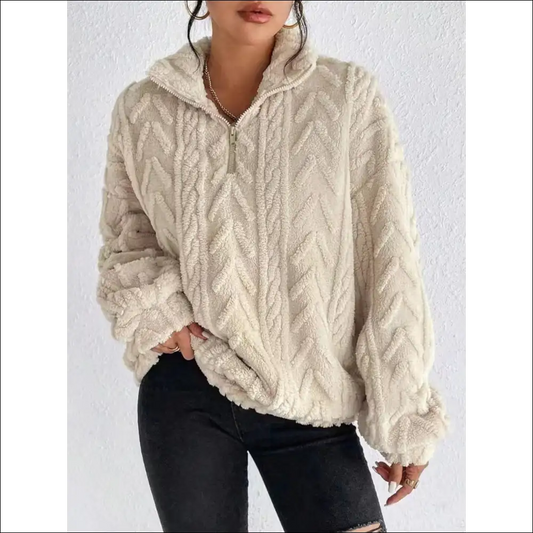 Cozy Chic Fuzzy Quarter Zip Long Sleeve Sweatshirt - Tan / s - Sweatshirts & Hoodies on Sale Worldwide Shipping