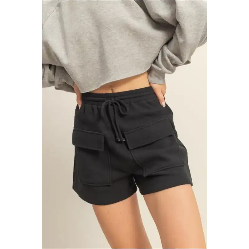 Cozy Drawstring Waffle Knit Front Pocket Shorts - Black / s - on Sale Worldwide Shipping