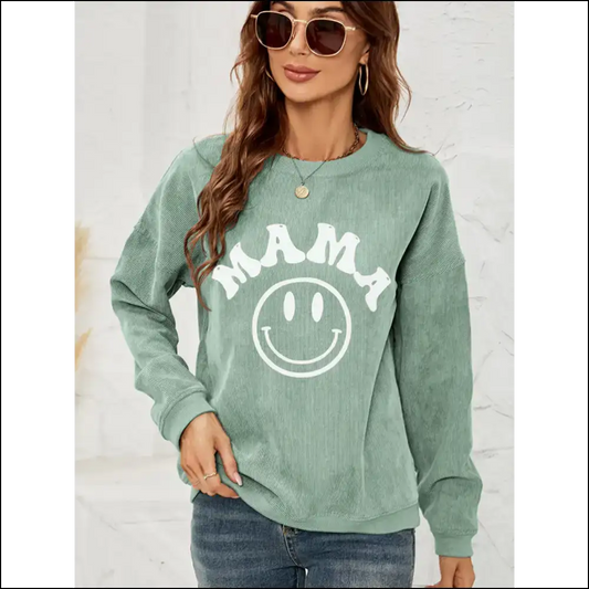 Cozy Round Neck Mama Graphic Sweatshirt - Green / l - Sweatshirts & Hoodies on Sale Worldwide Shipping