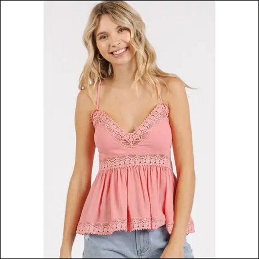 Crisscross Back Lace Detail V-neck Cami - Pink / s - Tank Tops on Sale Worldwide Shipping