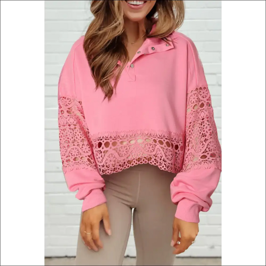 Chic Crochet Snap Button Sweatshirt - Pink / l - Sweatshirts & Hoodies on Sale Worldwide Shipping