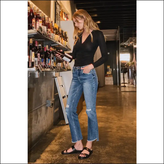 Cropped Flare Magic: Turn Heads not Trousers with Vervet’s Distressed Delight! 😂✨ - Blue / 14w - Jeans on Sale Worldwide Shipping
