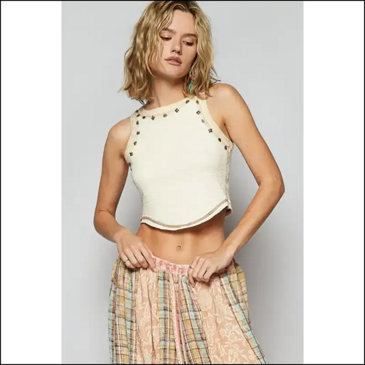 Cropped Tank: Wear your Attitude with Edgy Studded Flair from Needful Things! 😈 - Cream / l - Tank Tops on Sale Worldwide Shipping