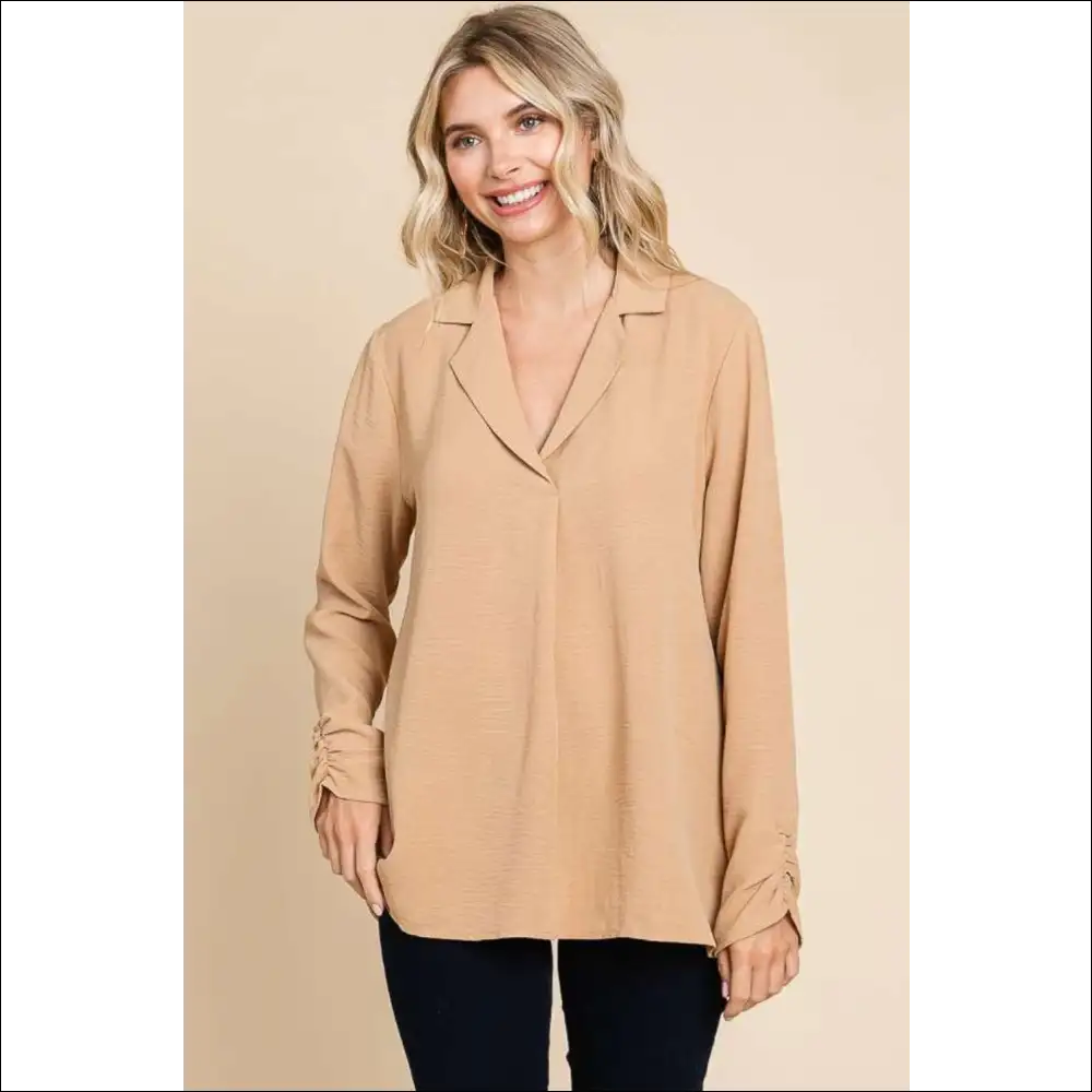Culture Code Chic Ruched Long Sleeve Blouse - Sand / m - Blouses on Sale Worldwide Shipping