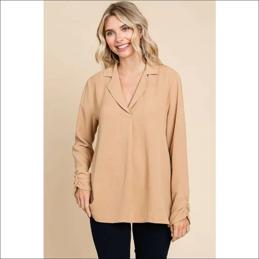 Culture Code Chic Ruched Long Sleeve Blouse - Sand / m - Blouses on Sale Worldwide Shipping