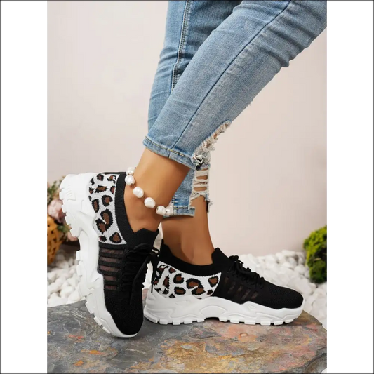 Cutout Leopard Lace Up Mesh Athletic Shoes - Black / 36(us5) - on Sale Worldwide Shipping
