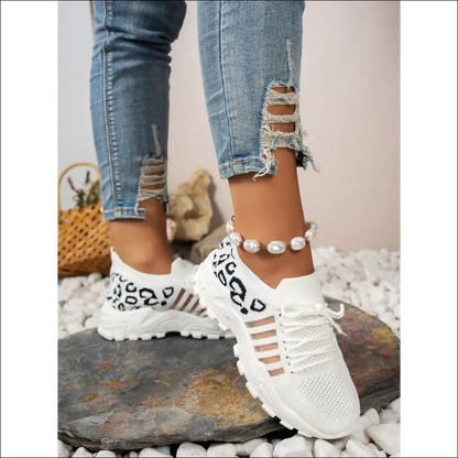 Cutout Leopard Lace Up Mesh Athletic Shoes - on Sale Worldwide Shipping
