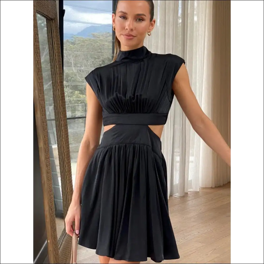 Chic Cutout Ruched Mock Neck Mini Dress - Black / m - Dresses on Sale Worldwide Shipping