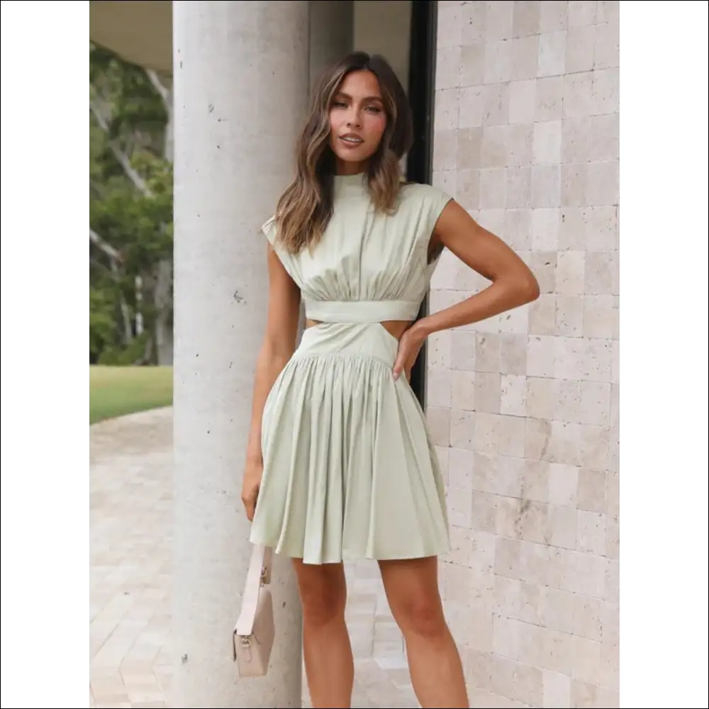 Chic Cutout Ruched Mock Neck Mini Dress - Sage / s - Dresses on Sale Worldwide Shipping