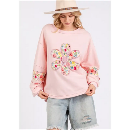 Daisy Patch Long Sleeve Sweatshirt - Cozy Chic - Blush Pink / s - Sweatshirts & Hoodies on Sale Worldwide Shipping