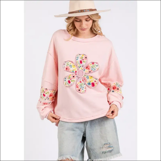 Daisy Patch Long Sleeve Sweatshirt - Cozy Chic - Blush Pink / s - Sweatshirts & Hoodies on Sale Worldwide Shipping