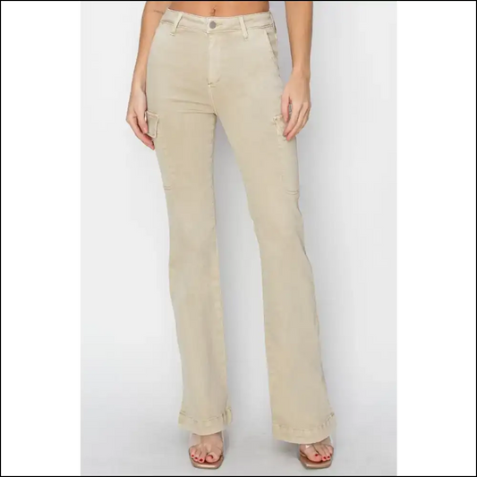 Dare to Slay: Unlock Style with Risen High Rise Cargo Bootcut Jeans! 👖✨ - Cream / 1xl - Jeans on Sale Worldwide Shipping