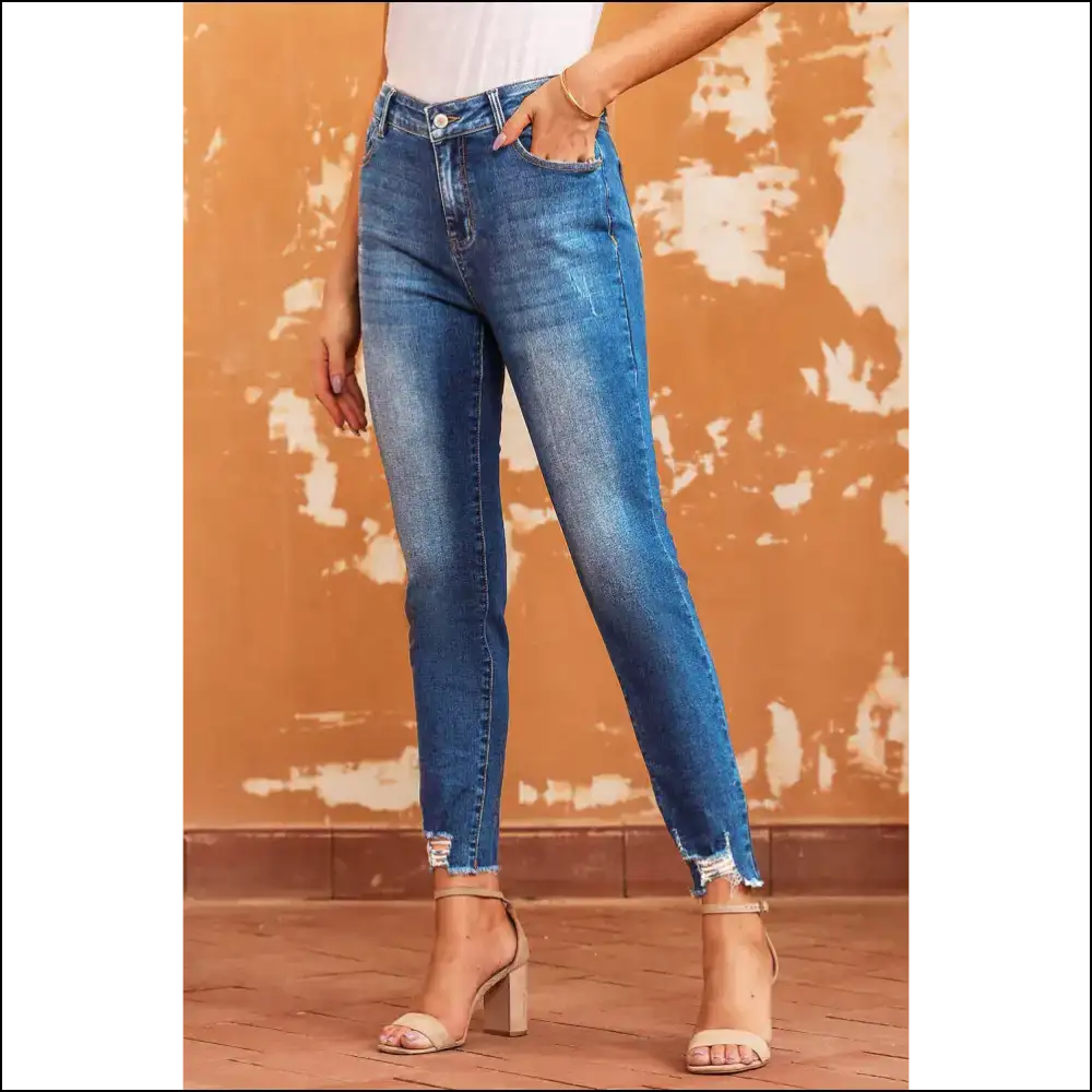Dark Blue Skinny Jeans: Leg Day Raw Hem Zero Regrets 😈 Needful Things - Jeans on Sale Worldwide Shipping