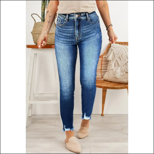 Dark Blue Skinny Jeans: Leg Day Raw Hem Zero Regrets 😈 Needful Things - 6 - Jeans on Sale Worldwide Shipping